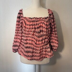 Open Edit Pink Geometric Smocked Square Neck Puff Sleeve Blouse Womens Medium